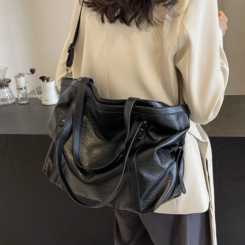 Large Sized Tote Bags For Women Soft PU Leather Pure Color Large Capacity Shopper Shoulder Crossbody Bag High Quality Handbags
